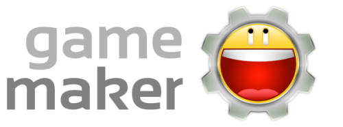 The winner of the first logo contest, gray text that says Game Maker beside a big smiley face with its mouth open, looking up, inside a gear