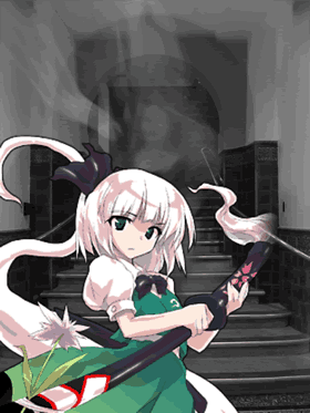 Youmu (a half-ghost) in a haunted house.