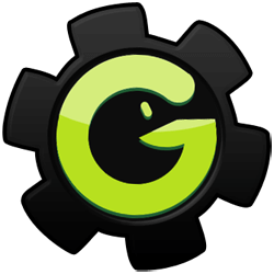The final logo of Game Maker 8, a black gear with a green G on the middle whose negative space looks like Pacman